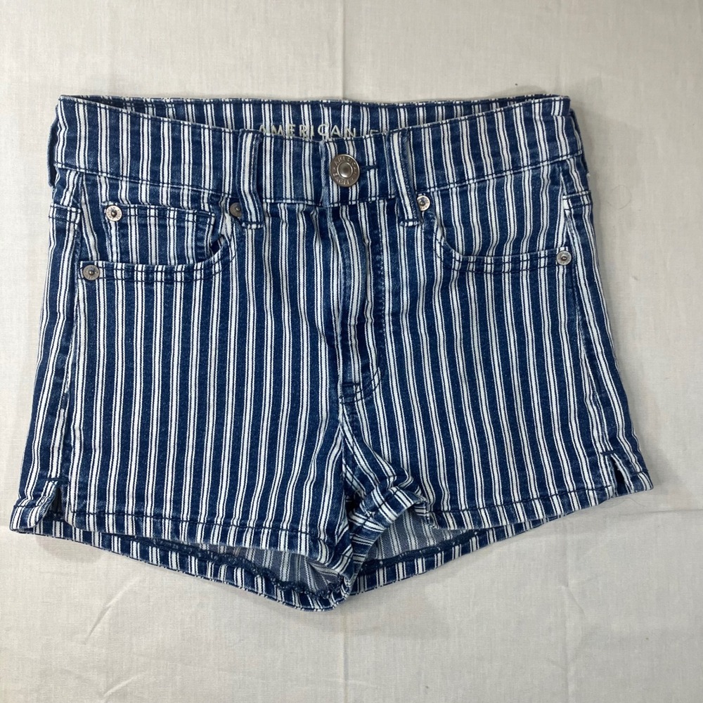 American Eagle Hi-Rise Shortie Blue White Striped Denim Jean Shorts Size 2